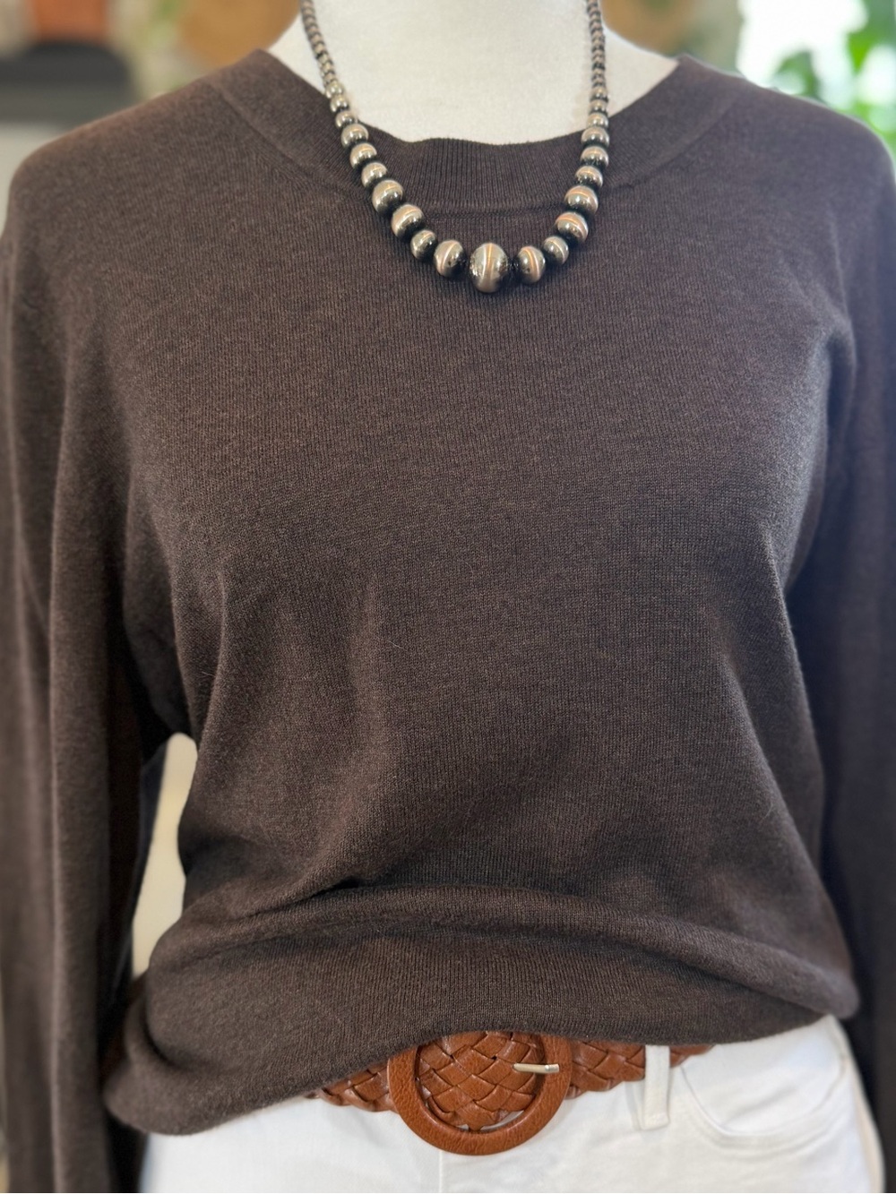 Quince Top Brown Cashmere Organic Cotton Crewneck Knit Sweater Shirt Spring L